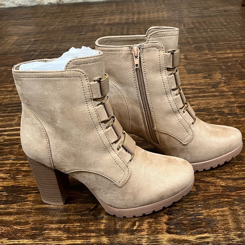 New york & company tan heeled strap up ankle boots